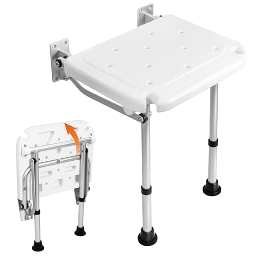 Folding Shower Seat, Wall-Mounted Shower Stool with Height Adjustment, Bathroom Hidden Wall Seat with Anti-slip Support Legs Chair for Elderly, Disabled, Pregnant Woman or Injured