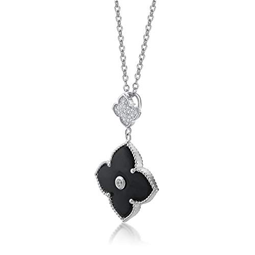 Lavari Jewelers Black Onyx or Mother of Pearl and Cubic Zirconia Double Flower Pendant Necklace in 925 Sterling Silver with Gold Plating 16 to 18 Inches Adjustable Chain Spring Ring3
