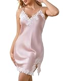 THXSILK Women's Pure Mulberry Silk Nightgown Slip Dress, Lace Sexy Lingerie Short Nightwear, Silk Nightgown Chemise Slip Negligee Nightie, Sexy V Neck Negligee Lingerie (M, Charming Pink)