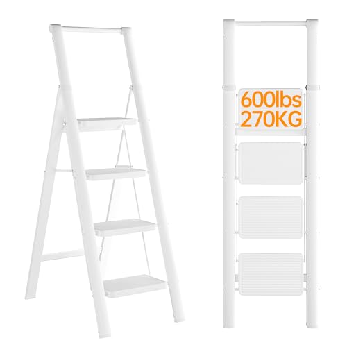 JOISCOPE 4 Step Ladder Folding with Handrail, 270KG Load Capacity, Lightweight Folding Ladder for Adults, Portable Anti Slip Folding Stool, Multifunctional Step Ladder for Indoor/Outdoor, White Ladder