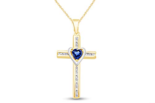 AFFY Simulated Blue Sapphire & Natural Diamond Cross Pendant Necklace inTwo-Tone Gold Over Sterling Silver