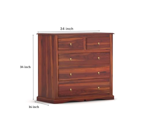 Image of Sheesham Wooden Chest of Drawer for Living Room | Solid Wood Dresser Storage for Bedroom with 5 Drawer | Rosewood Cabinet Storage (Honey)