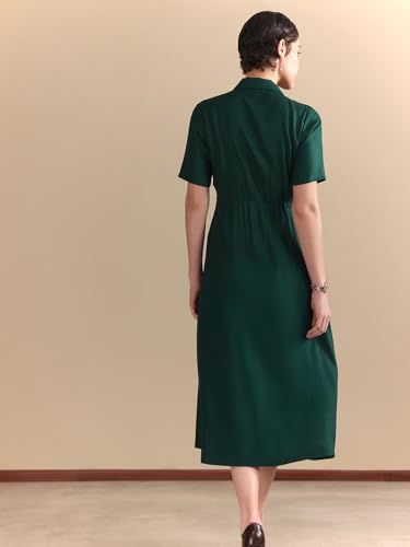 Image of FableStreet Women Formal Dress | Fit & Flare Midi Shirt Dress with Collared Neckline & Short Sleeves | Smooth Solid Fabric with Button-Front Closure for Workwear & Smart Casuals