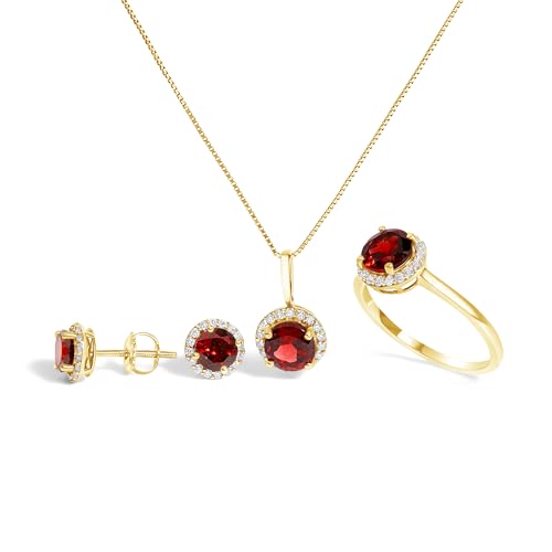 Haus of Brilliance 10K Yellow Gold Red Garnet and 3/8 Cttw Diamond Halo Jewelry Set (Earrings, Pendant & Ring) - Ring Size 6.5