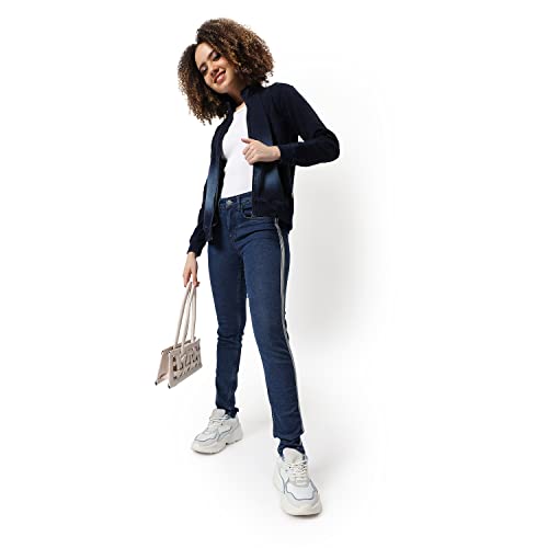 Image of Campus Sutra Women Dark-Washed Blue Denim Regular Fit Zipper Sweatshirt For Winter Wear | Full Sleeve | Cotton Sweatshirt | Casual Sweatshirt For Woman | Western Stylish Sweatshirt For Women