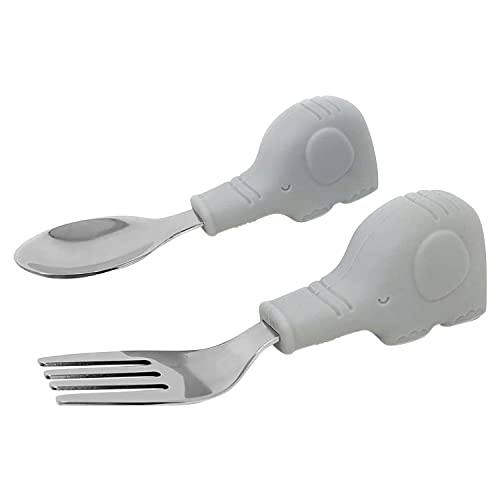 Image of Tiny Twinkle Easy Grip Toddler Utensils Spoon and Fork Set - BPA & Phthalate Free Utensil Sets, Kids Silverware With Silicone Handle, Baby Led Weaning Supplies for 12 Months & Up (Grey Elephant)