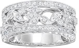 Vintage 1.2 Ct Round Cut White Signity Diamond Half Eternity Fashion Floral Milgrain Design Wedding Band Ring for Women, 925 Sterling Silver 14K White Gold Finish