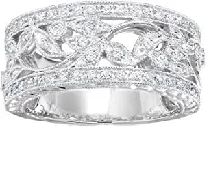 Vintage 1.2 Ct Round Cut White Signity Diamond Half Eternity Fashion Floral Milgrain Design Wedding Band Ring for Women, 925 Sterling Silver 14K White Gold Finish