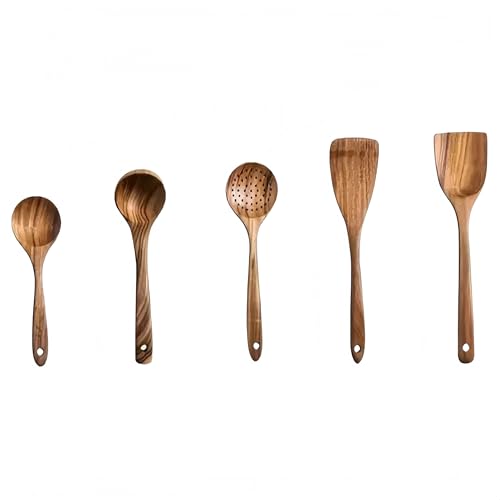 天然木で作られた5点のキッチン用品セット、調理器具、木製、収納簡単、軽量で耐久性があり、スパチュラ、スプーン、おたま、スープおたま、スープスプーンが含まれています。 (ブラウン, 5点セット)