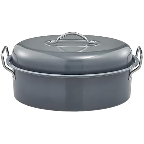 Roasting Pan with Rack, 18-Inch Granite Roaster with Lid, 25 lb Capacity for Turkey, Chicken, and Vegetables, Light Gray Cover