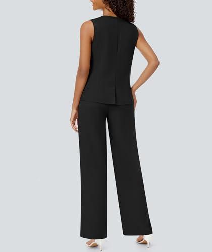 Women's 2 Piece Blazer Outfits Sleeveless Crewneck Vest Wide Leg Pantsuit 2025 Dressy Casual Work Sets4