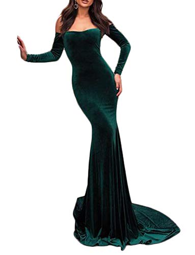 TTYbridal Velvet Off Shoulder Court Train Prom Dress Mermaid Evening Gown with Long Sleeves Dark Green 2