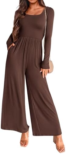 KIRUNDO Long Sleeve Jumpsuit for Women 2025 Summer Fall Fashion Lightweight One Piece Square Neck Wide Leg Romper Pockets