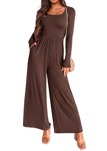 KIRUNDO Long Sleeve Jumpsuit for Women 2025 Summer Fall Fashion Lightweight One Piece Square Neck Wide Leg Romper Pockets(Coffee, Large)