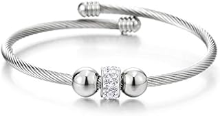 COOLSTEELANDBEYOND Elastische Verstellbare-Edelstahl Zirkonia Cercle Charme und Perles Verdrehten Stahlkabel Armband Armreif für Damen
