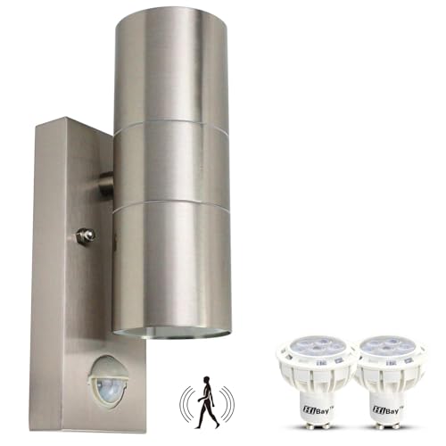 HiBay Applique Murale Exterieur/Intérieur Détecteur de Mouvement GU10 7W,Luminaire Exterieur LED Moderne Up et Down Inox Brossé 550lm Blanc Chaud IP44 Étanche Avec 2...