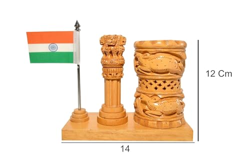Image of MV Son's Pen Stand for Office Table Desk Decorative Item - Wooden Pen Stand for Study Table with Ashok Stambh and National Indian Flag