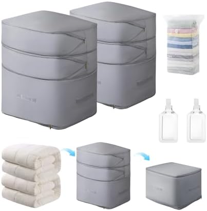 Ultra Space Saving Large Self Compression Storage Bags for Comforters and Blankets,Self-Compressing Organizer for Storage Bedding. (Gray, 2 Pack)