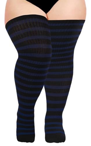 Image of Moon Wood Plus Size Thigh High Socks for Women Knit Cotton Extra Long Striped Over the Knee High Socks Leg Warmers