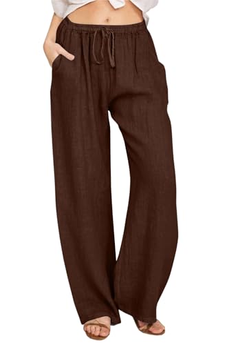 YOCUR Women Wide Leg Flowy Drawstring Palazzo Linen Pants Beach Casual Elastic High Waisted Loose Trousers