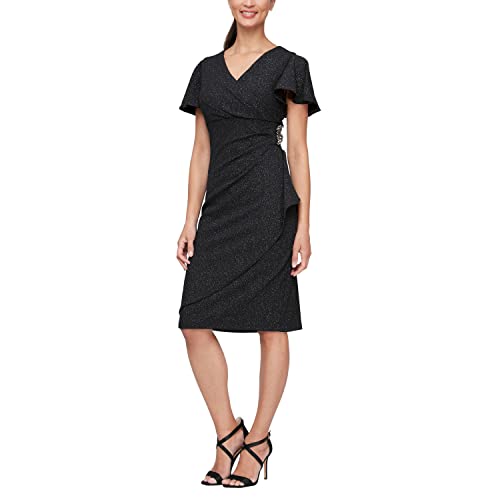 S.L. Fashions Women's Midi V-Neck Sheath Cocktail Dress w/Flutter Sleeves, Wedding Guest (Petite and Regular Sizes), Black