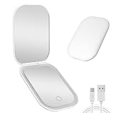 Mini LED Taschenspiegel mit 1X/2X Vergrößerung, USB Wiederaufladbarer Reisespiegel mit 3 Farben & Dimmable, Klein Dimmbarer Touchscreen Schminkspiegel Klappbar Taschenspiegel für Frauen, Weiß