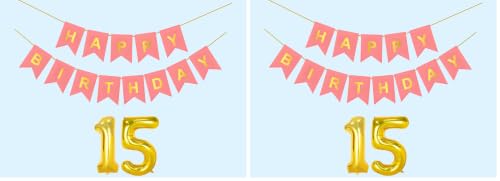 Image of 15th Happy Birthday Decoration Kit Light Pink for 15 year Old Boys Girls Teenage with Number Fifteen Party Decorations Decor Celebration Items Item Set Combo Reusable Paper Banner
