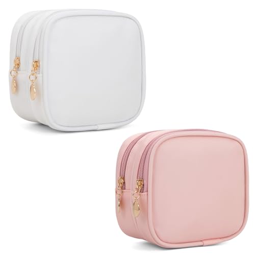 XIAOLER 2PCS Small Makeup Pouch, Double Zipper Cosmetic Bag, Travel Makeup Bag, Cute Makeup Bag for Purse, Mini Toiletry Bag (White+Pink)