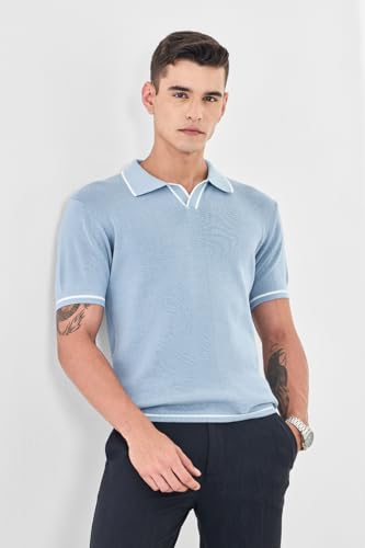 Image of SNITCH Men Polo T-Shirt | Textured Knit V-Neck with Tipping, Pullover Half Sleeve | 100% Cotton Breathable Luxe Knit Resort Wear Casual Top