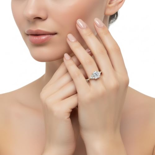 Image of Choose Your Gemstone Emerald Cut Petite Cathedral Diamond CZ Ring Yellow Gold Plated Emerald Shape Petite Engagement Rings for Women, Girls and Ladies US Size 4 to 12