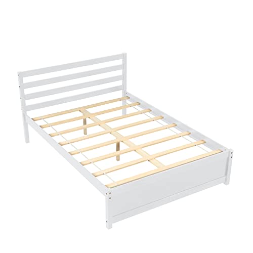 Jins&Vico Full Size Platform Bed With Headboard, Solid Wood Bed Frame With 12'' Under Bed Clearance, No Box Spring Needed, Wood Slat Support, Mattress Foundation, Easy Assembly, White #TOP4