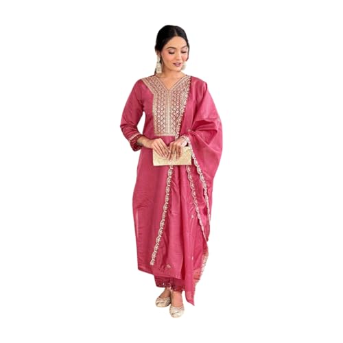 Image of Shiv Textiles Women's Chanderi Silk Embroidered Kurta Pant Dupatta Set(JDA-MADHAVI-Pink-L)