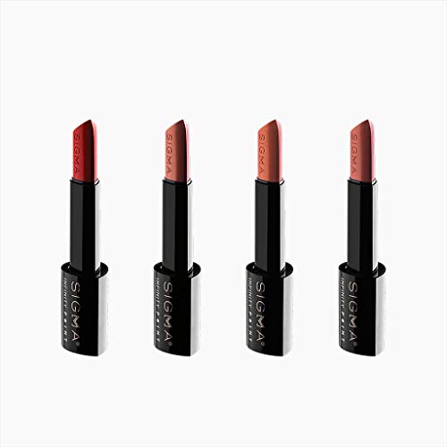 Sigma Beauty Set of 4 Infinity Point Lipstick - Longwear Satin Finish Lipstick for Great Lip Color Makeup, Ecstasy, Déjà vu, Epiphany, Temptation