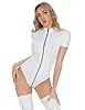 FEOYA Metallic Bodysuit for Women Patent Leather Catsuit Lingerie Short Sleeve Vinyl Skinny Bodysuit Pvc Jumpsuit Cosplay Clubwear White L-XL #3