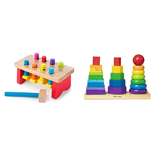 Image of Melissa & Doug Geometric Stacker - Wooden Educational Toy & Deluxe Pounding Bench Wooden Toy with Mallet