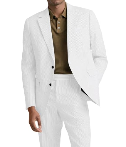 Mens 2 Piece Seersucker Suit Slim Fit Summer Suits for Men Beach Wedding Striped Casual Grooms Blazer Pants Set