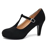 Womens T Strap High Heels Close Toe Classic Round Toe Shoes Comfortable Low Platform Ankle Strap Mary Jane Dress Pumps Black Velvet-39US 7.5