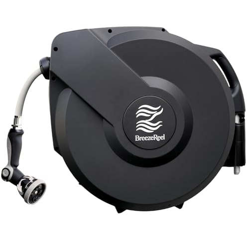 BreezeReel Retractable Garden Hose Reel 5/8 in x 100ft Heavy-Duty Aluminum Mount Auto Rewind Slow Retract 180 Swivel Any Length Lock 10-Pattern Nozzle
