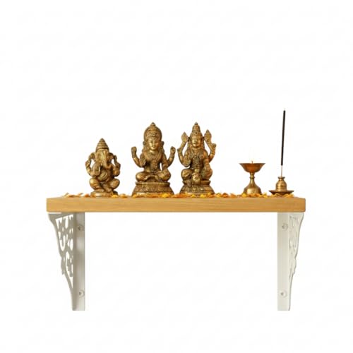 Image of Spillbox Wooden Pooja Home Temple|White Metal Shelf |Wall Mountable|Easy Screw Assembly|Home Temple for Puja Room |Pooja Stand | Mandir-Triple Floral (Small White)