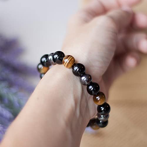 Miniatura 4 de MetaPhy Healing Crystals Triple Protection Bracelet made of Tiger's Eye, Hematite, Black Obsidian natural stones for Protection, Luck & Prosperity