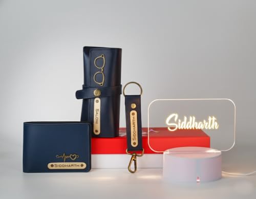 Image of AICA Personalized Name & Charm Leather Wallet Mens Combo & Led Lamp Giftset (Navyblue) | Customized Birthday Anniversary Wedding Gifts for Brother Husband Father Boyfriend Boy Friend | Gifts Hamper