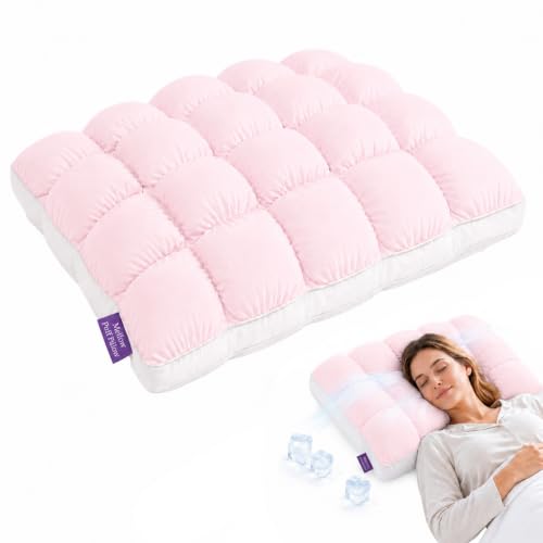 Mellow Puff Pillow Mellow Puff Cooling Pillow for Sleeping Fluffy Cloud Pillow with Ice-Silk Touch Breathable Quilted Grid Design for Side and Back Sleepers Machine Washable (Baby Pink)