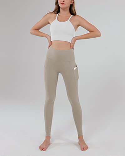 Ododos Women's High Waisted Yoga Leggings With Pockets,Tummy Control Non See Through Workout Athletic Running Yoga Pants, Full-Length, Darkbeige,Medium #TOP3
