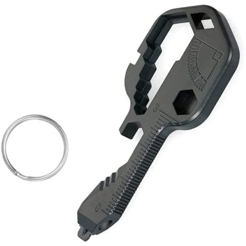 Deco Life 24 in 1 Key Shaped Pocket Tool for Drill Drive Screwdriver File Bottle Opener Wrench Ruler Stripping Stainless Steel Key Shaped Pocket Key Multi Tool Key Shaped Pocket Tool in Black Cover