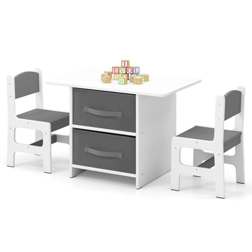 GOPLUS Juego de Mesa y 2 Sillas Infantil 3 en 1, Grupo de Asientos y Escritorio con Amplio Tablero para Niños, Mueble Infantil con 2 Cajas de Almacenamiento, Capacidad Carga 50KG (Gris)
