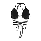 Women's Rave Furry Bra Top Strappy Faux Fur Halter Triangle Bralette Backless Tanks Tops Pool Party Dance Clubwear Bikini