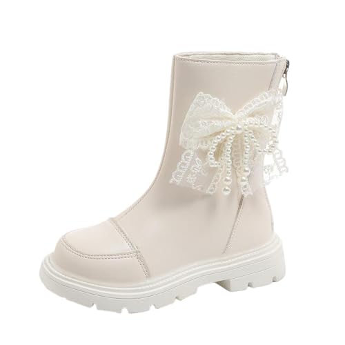 Girl's Cute Bow Leather Zipper Mid Calf Combat Boots Solid Color Riding Boots Fall Winter Fashion Shoes