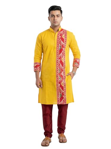 Image of Men's Jamdani Printed Kurta Pajama Set | Pure Cotton Ethnic Kurta with Mandarin Collar & Dupion Silk Pyjama | Festive & Weddings 303A12A 303SB12B(M XXL)