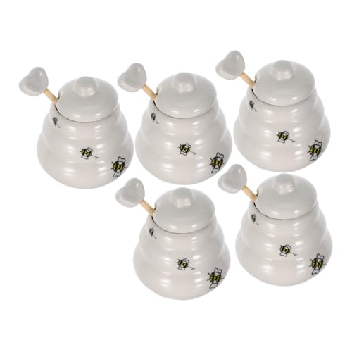 COLLBATH 5Pcs Ceramic Honey Pot Jar Set with Dipper and Lid Design for Home Kitchen Decor and Present Giving for Honey Lovers and Special Occasions