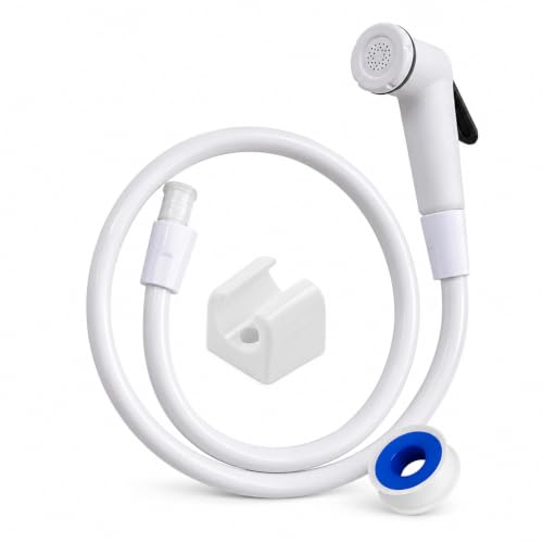 Image of HPF PVC Flexible Health Faucet Set with Gun, Pipe, Hook - Bathroom (Toilet Spray Gun) Accessories (Standard Size, White) with Free 1 Leak Proof Teflon Tape, Tube Length 1 Meter